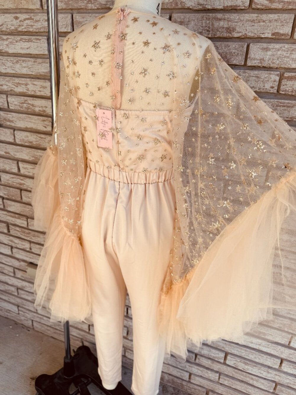 NWT Lilly's Kloset Star Studded Jumpsuit Champagne Starry Tulle Cape Small - Picture 9 of 10